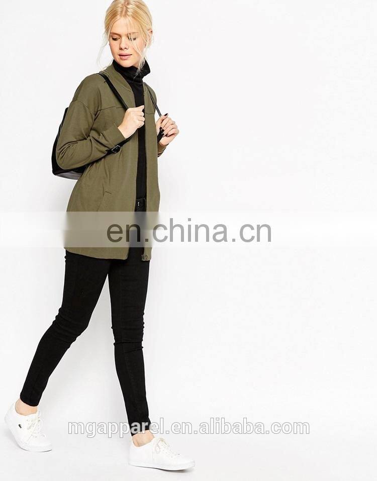 China custom bomber jacket long line cut cotton jersey women long bomber jacket