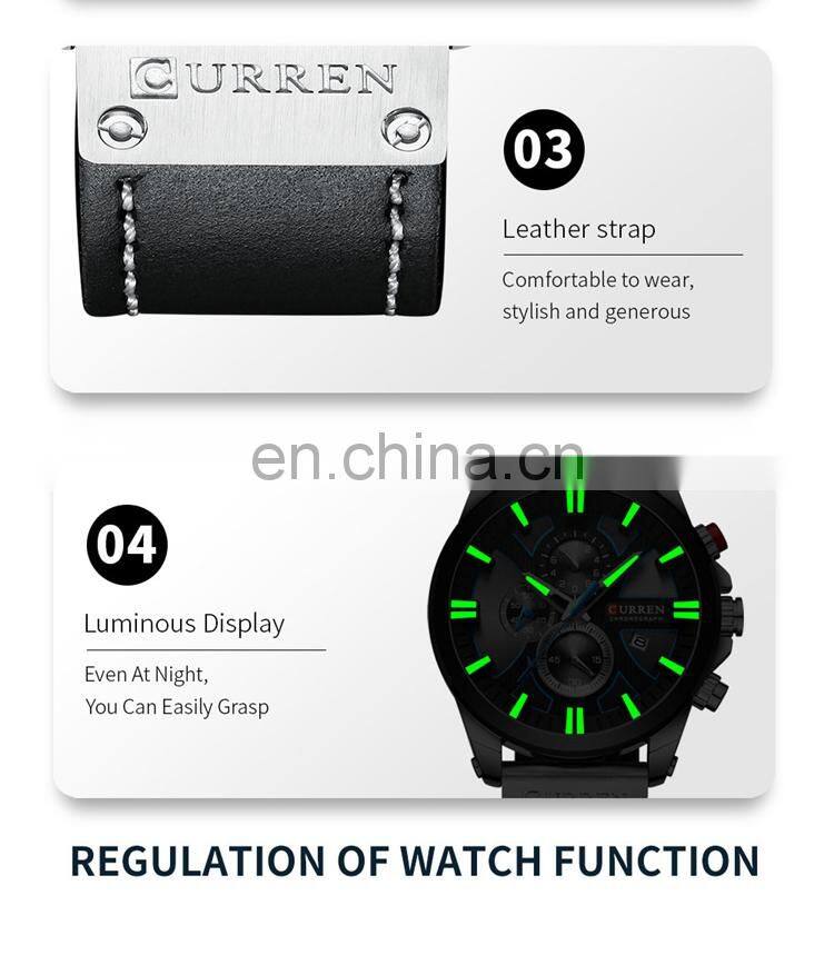 CURREN 8346 Men Black Leather Strap Analog Quartz Watches Chronograph Calendar Luminous Mens Wrist Watch