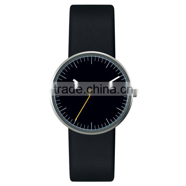 Newest watch design stainless steel case leather band yellow ticker black watch