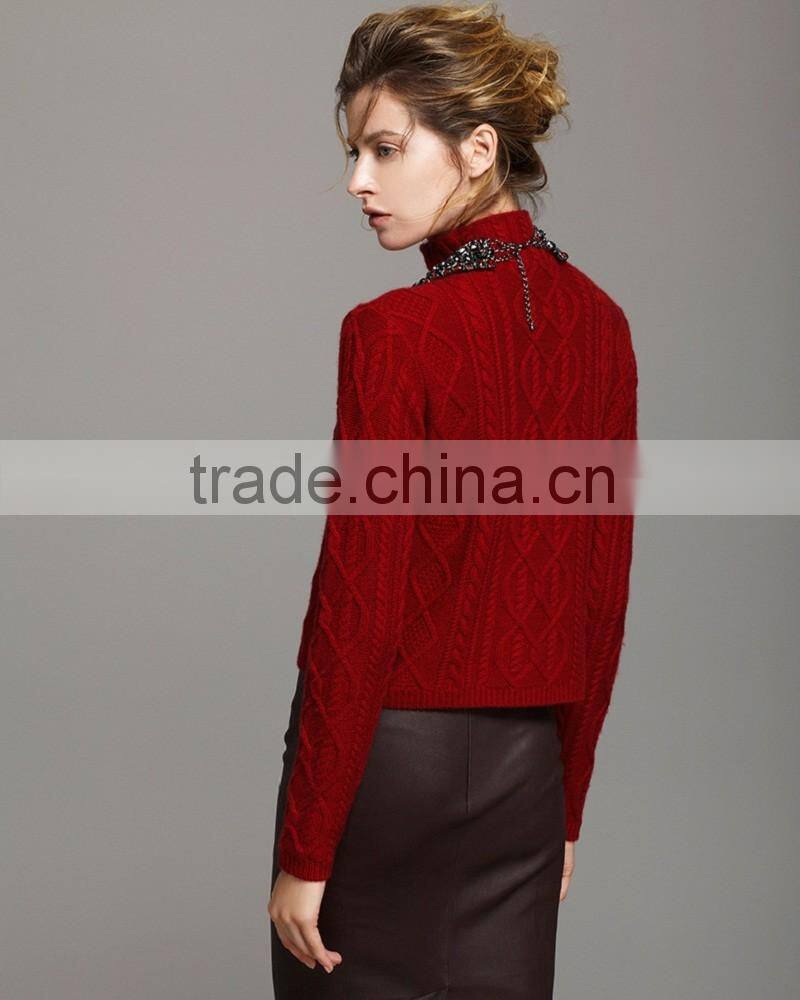 Cashmere sweater high neck long sleeve pullover with cable details