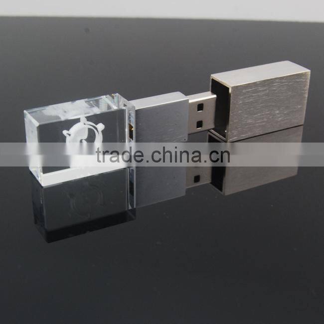 8G 16G 32G transparent crystal usb flash disk with light-up led logo