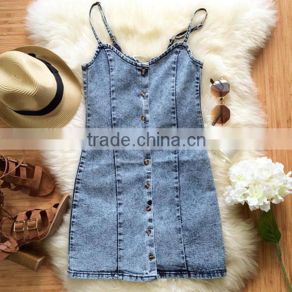 Hot Sale Summer Adjustable Strap Denim Dress Slim body Fit Dresses For Girls