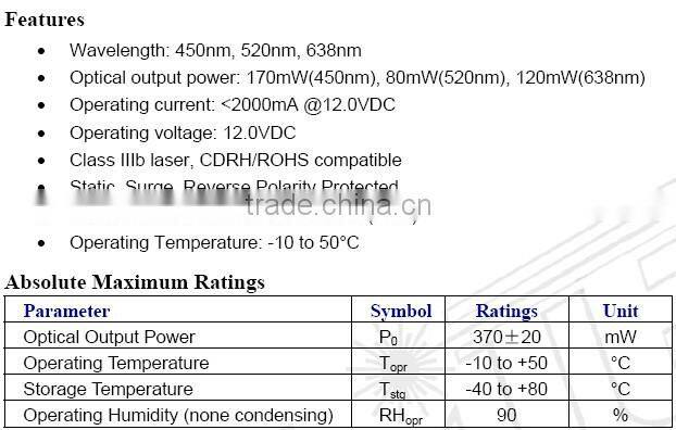 370mw RGB Fiber Coupled laser module 170mW(450nm), 80mW(520nm), 120mW(638nm)
