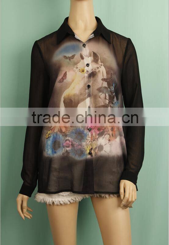 Office lady wear long sleeve chiffon digital printed uniform blouse WT140430257