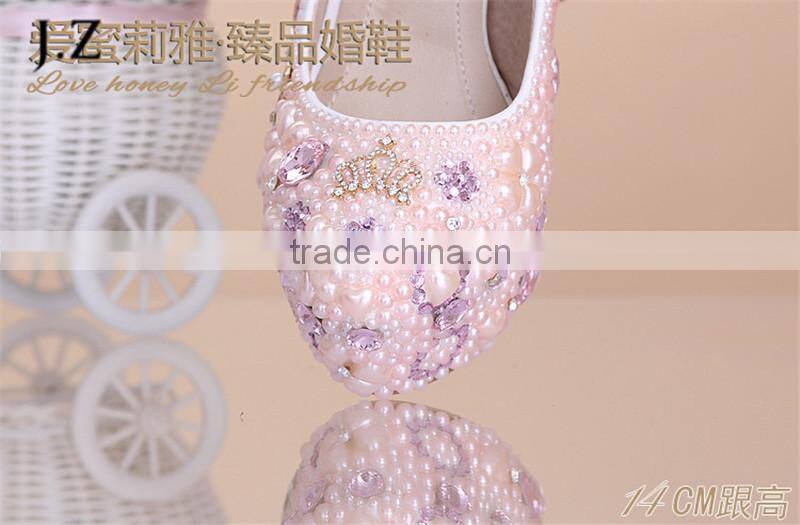 OW23 new design lady noble thin heel pinkcrystal wedding shoes