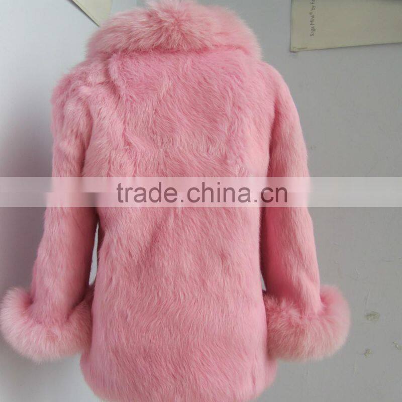 children pink rabbit fur coat with fox fur trim