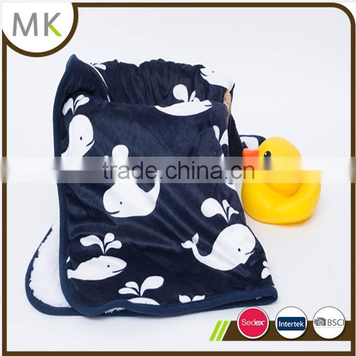 Printed plush fabric with white color sherpa lining baby blanket--whale design