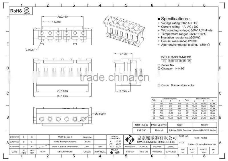 1.5mm Pitch Wire to board electronic connectors terminal housing and wafer