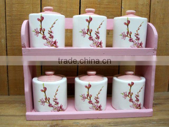 Fresh Decal Ceramic Kitchen Food Canisters Set with Wooden Stand
