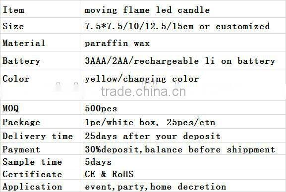 Paraffin Wax Material and moving wick LED candle with timer