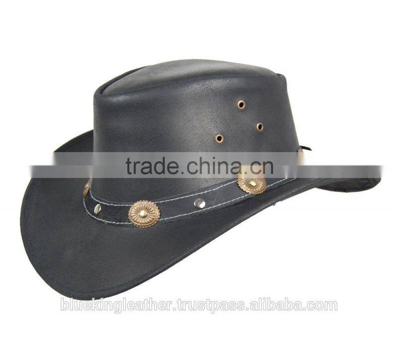 LEATHER COWBOY WESTERN STYLE HAT WITH LEATHER CONCO BAND
