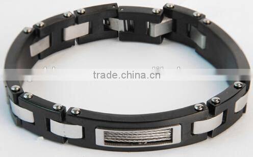 Stainless Steel Bracelet - black platted brushed metal H links with 5 cable inserts with bright finished rectangle shaped joiner
