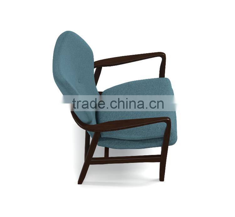 Mid-century walnut finished modern green fabric upholstered club chair with sleek polished wood arms