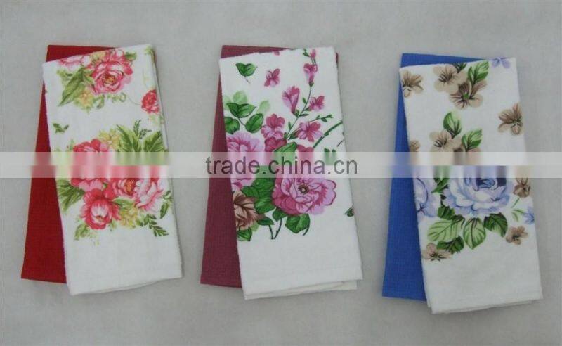 100% cotton flower design 1 pc printing velour towel and 1pc waffle solid color tea towel set
