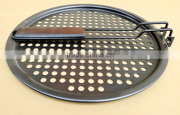 Hot Sale Folding Single Wooden Handle Non-Stick BBQ Pan Pizza Pan BT-BBQ108