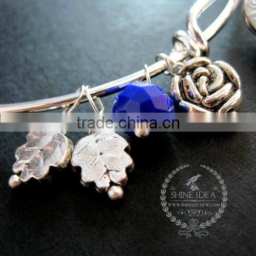 antiqued silver oval photo locket love engraved blue glass bead rose leaf charms wiring bangle bracelet fashion jewelry 6440013