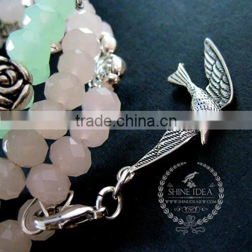 vintage antiqued silver rose flower leaf butterfly bird ice green beads 2 layers fashion wiring bangle bracelet jewelry 6490055