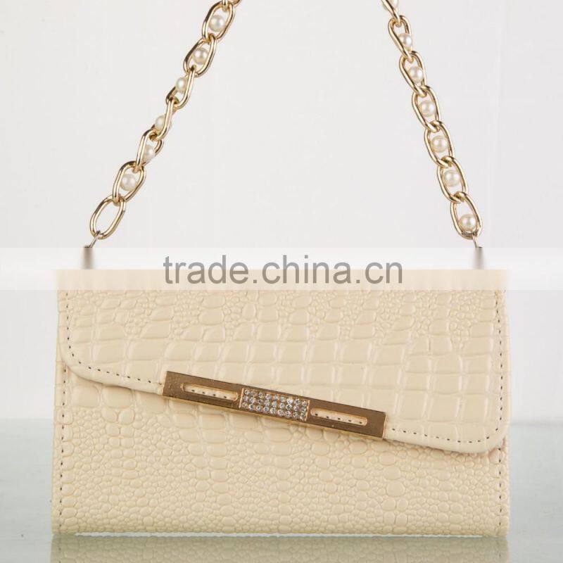 2015 latest design pearl chain tote bag design leather cell phone case for iphone 6