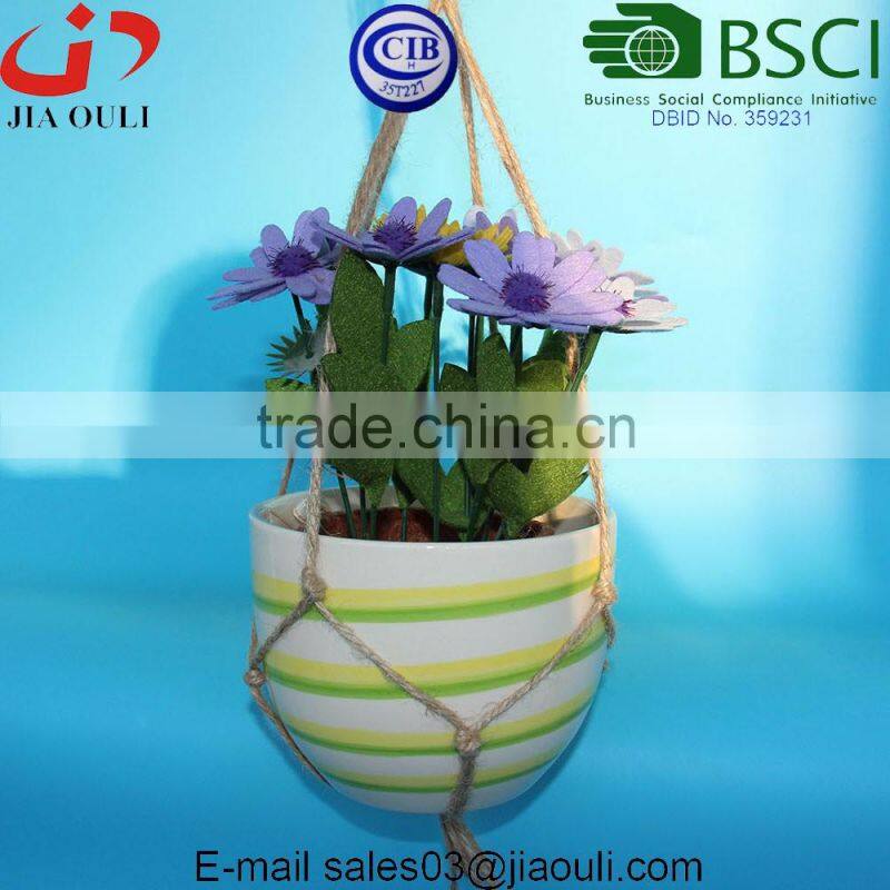 Glazed grey Hemp Rope Hanging Ceramic planter pot