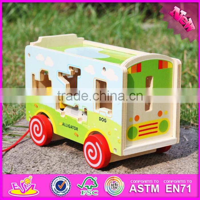 2017 new design pull string wooden bus toys for toddlers W05C080