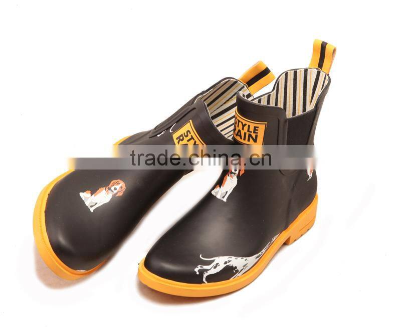 black upper yellow rubber outsole lovely dog printed chelsea style elastic gore new style girls rain boot shoes wellies