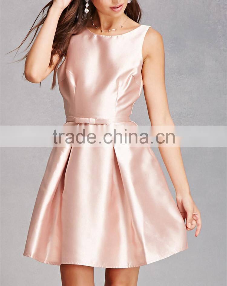 New cheap Fashion round neck sleeveless on-seam pockets Pleated Taffeta Dress