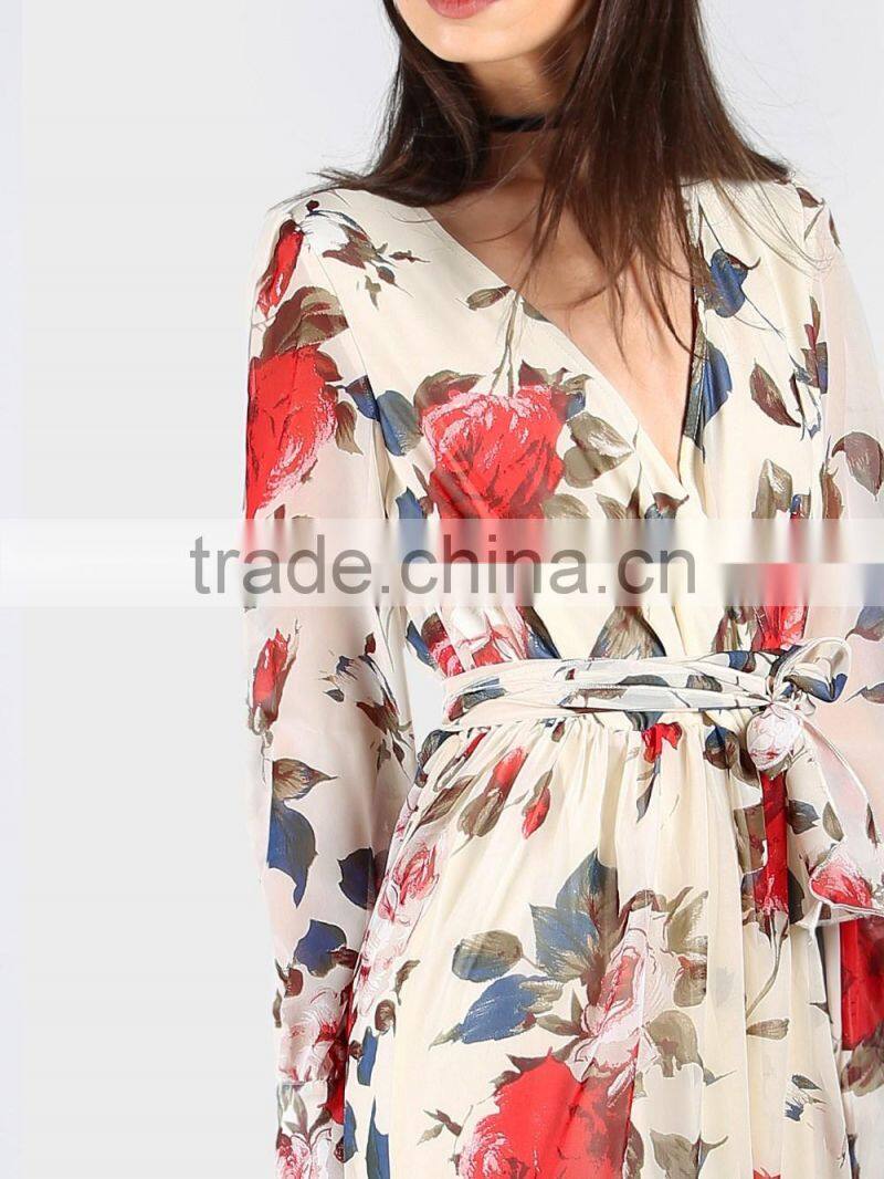 women clothing/women dresses/Rose Print Cuffed Long Sleeve Belted Wrap Dress