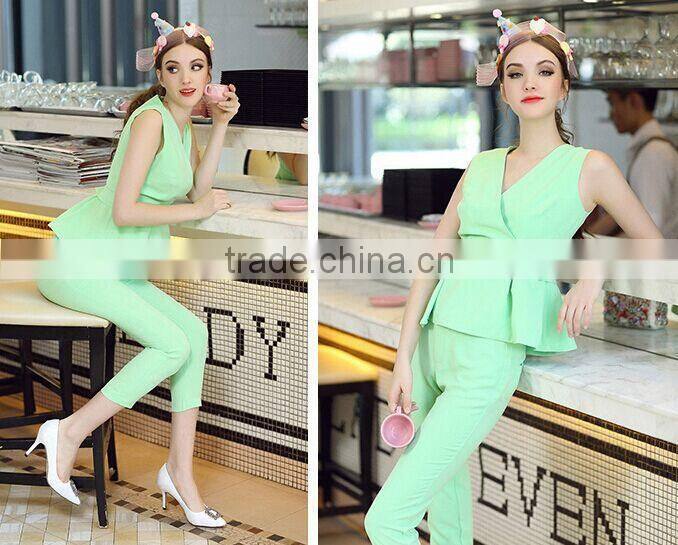 New summer V neck green color ruffled top with slim fitted top and pants suit fashion matching set