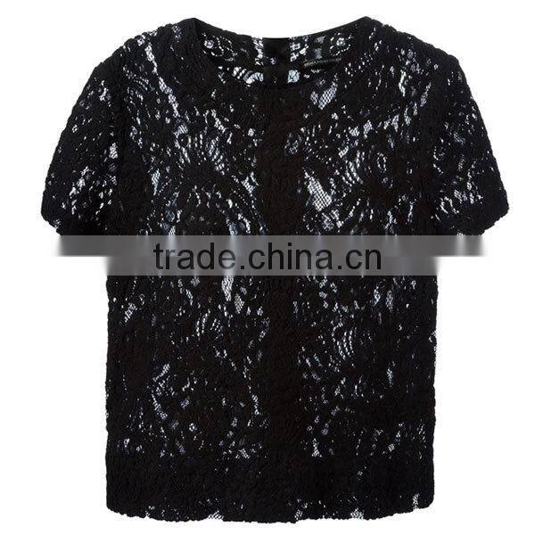 Ladies formal/office wear elegant transparent short sleeve sexy black lace blouse