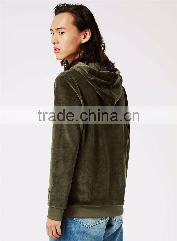MGOO Plain Basic Velour Classic Fit Hoodie Front Pocket Olive Green Velvet Pullover Men