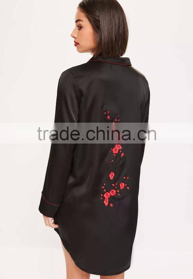 Floral Embroidered Bridal Shirt Sleepwear Black Satin Sleep Shirt Piping Button Longline Shirt Pyjamas With Curved Hem