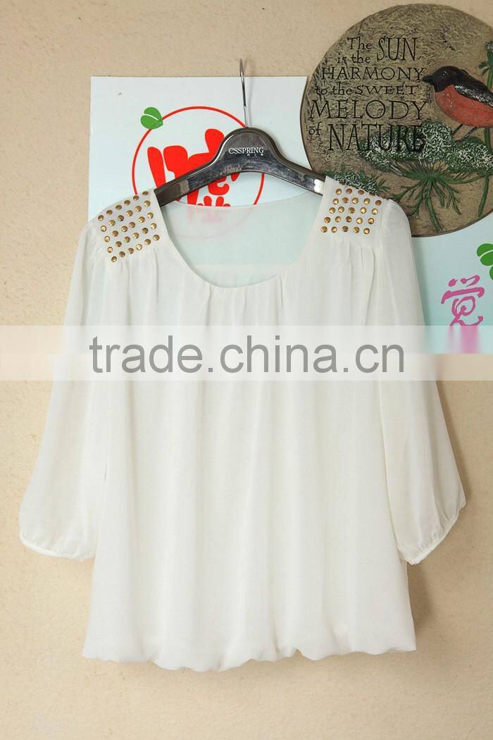 2016 Wholesale cheap price Women chiffon shirts outfit rivet cute doll Long sleeves design women chiffon casual Top Blouse