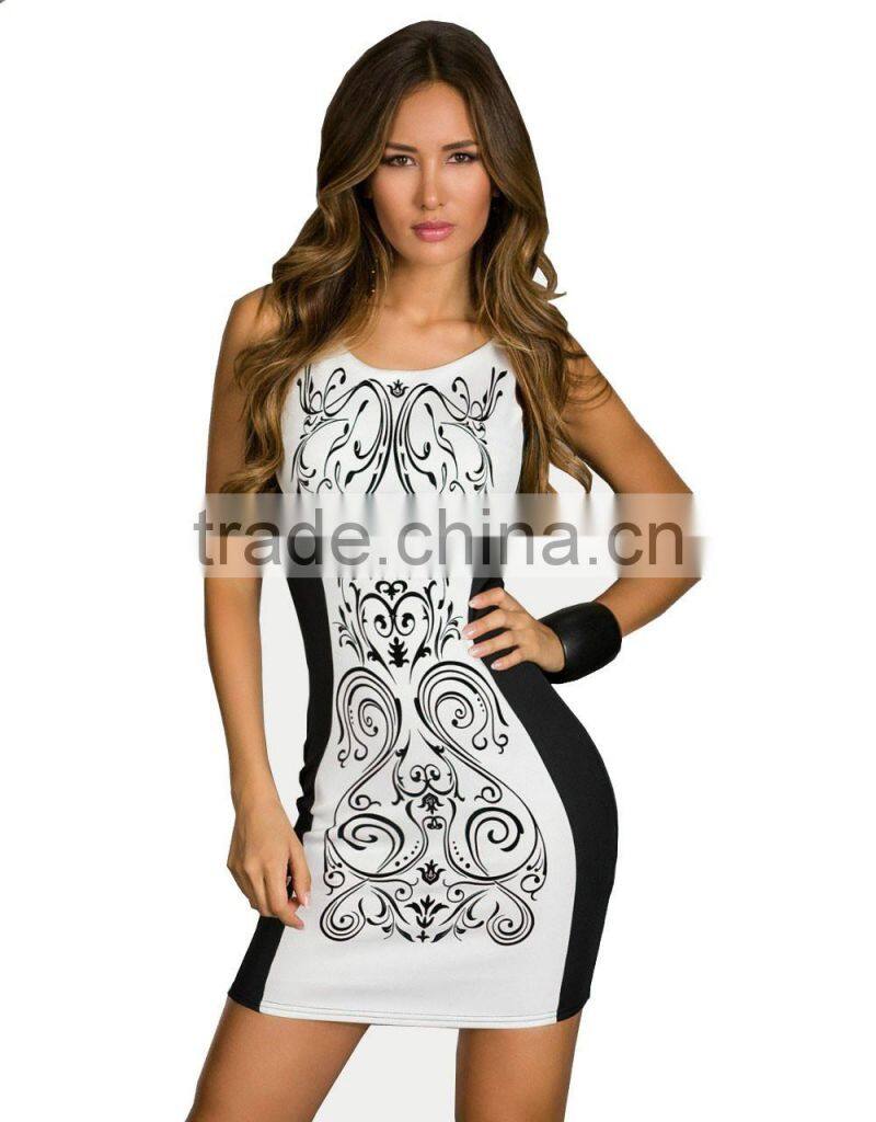 Fashion Women Retro Printed Black & White Patchwork Casual Bodycon Dress Sexy Summer Tank Club Dresses 2016