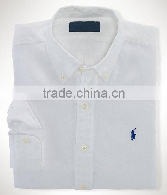 Fashion deep blue , white polo branded,soft ,breathable linen shirt for man