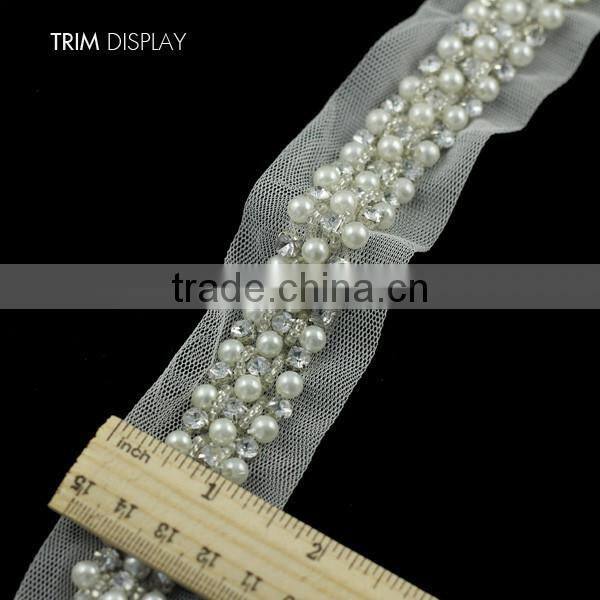 DIY Beaded 3 Row Pearls Crystal Rhinestones Costume Applique Embellishment Decorated Lace Ribbon Trim