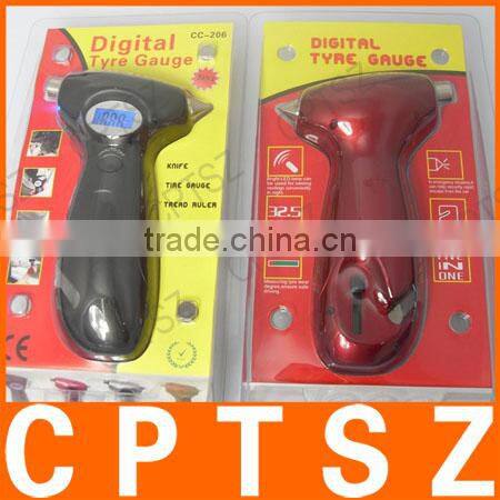 0.8'' LCD Digital Car Tyre Pressure Tread Depth Gauge w/ Cutting Blade / Hammer - Black (3 x LR44)