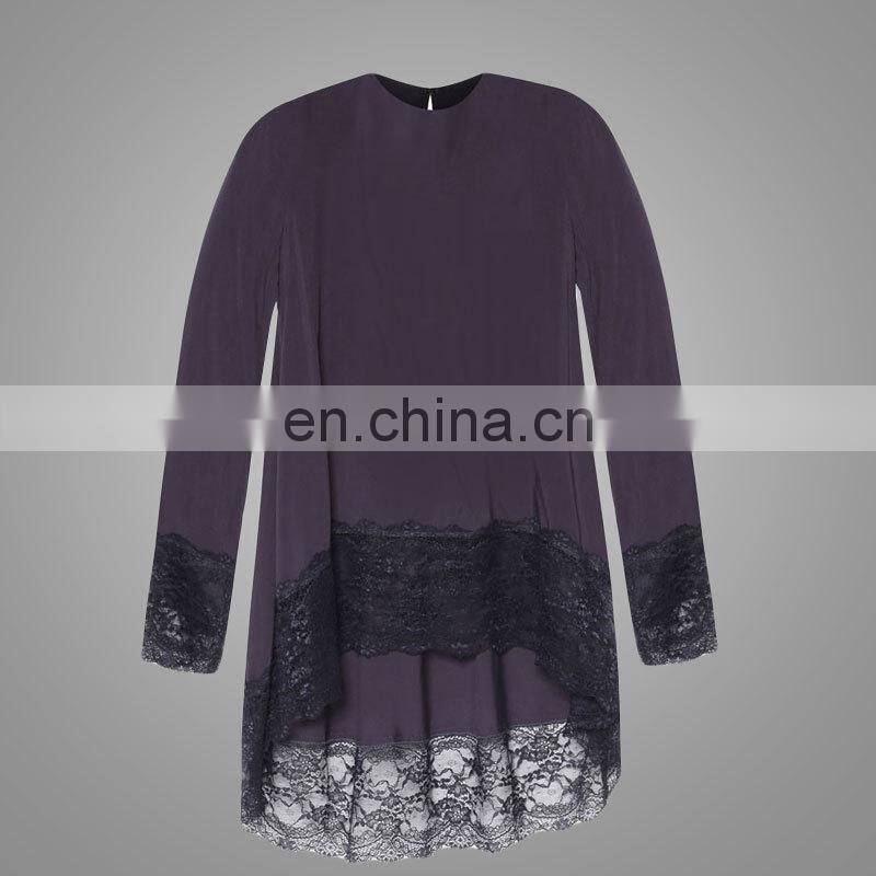 2017 New Fashion Silk Satin Material Women Long Sleeve Blouse Islamic O Neck Tunic With Black Lace Casual Muslim Top