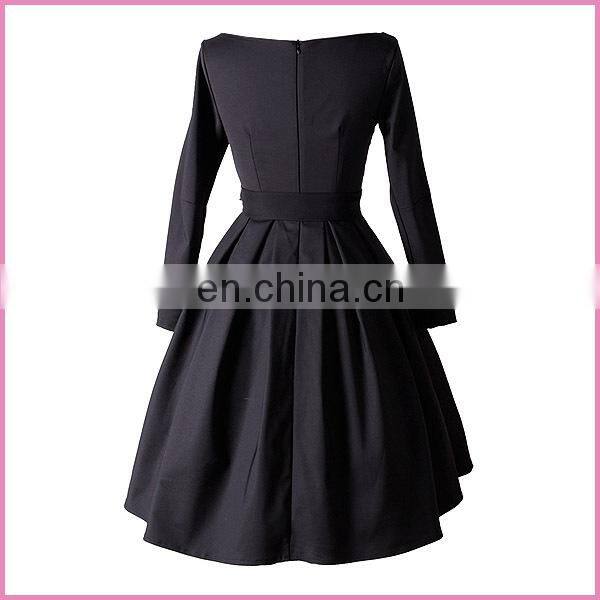 long sleeves boat neck belted side bowknot high waisted evening dress