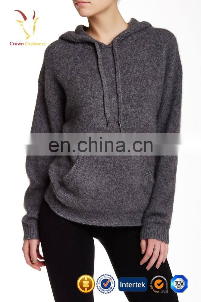 Ladies cashmere pullover hoodie sweaters with kangaroo pocket