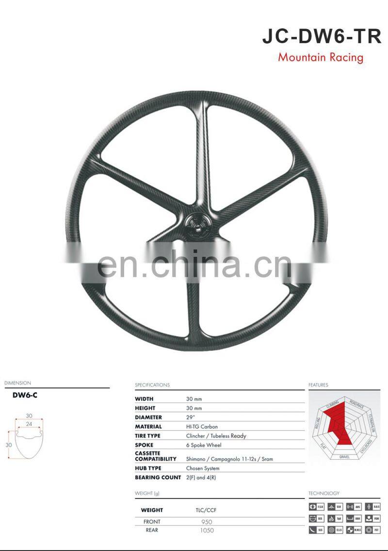 Lightcarbon 6-Spoke Carbon MTB Bike Wheelset for 29er Mountain Bicycle Wheels Logo Custom