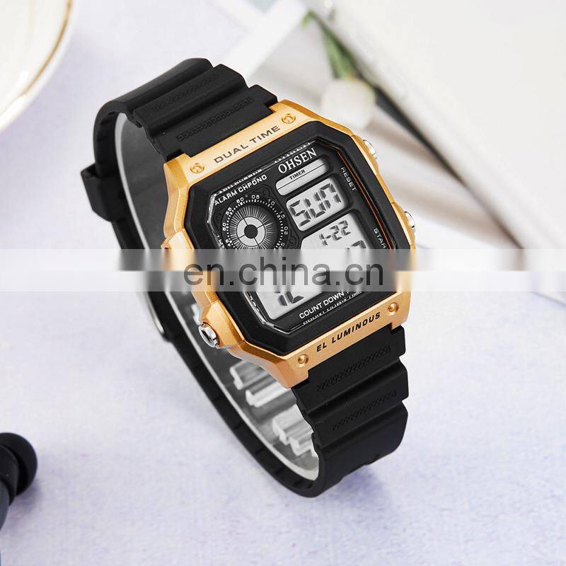 OHSEN 1810 Hot Sale Rubber Strap Digital Back Light Date Day Alarm Wristwatch Watches Men Wrist