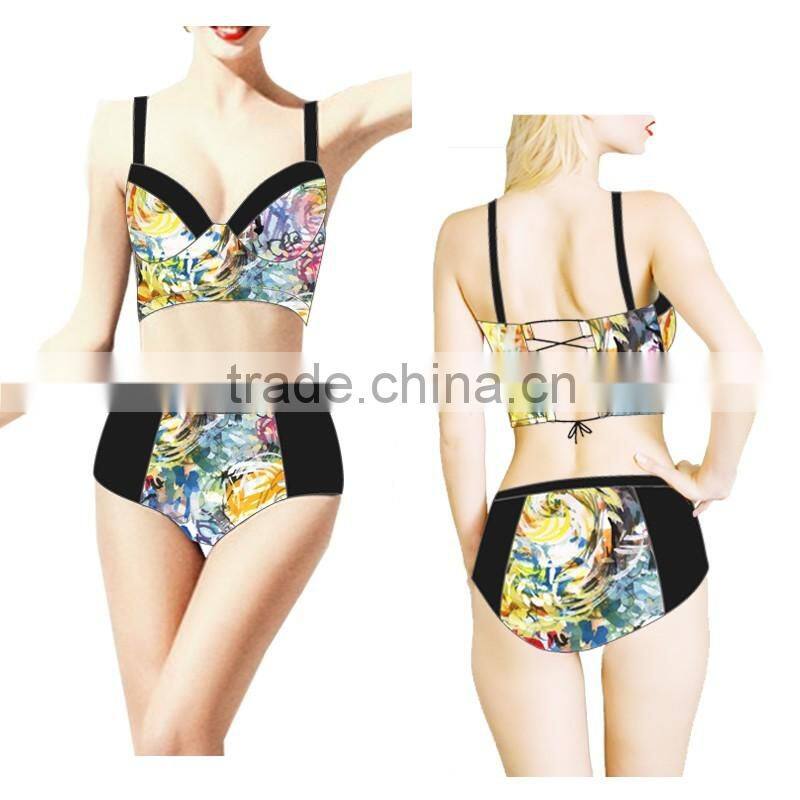 Hot summer beach girl underwear swimwear, seaside print colorful women bikini, sexy back strape swimsuit