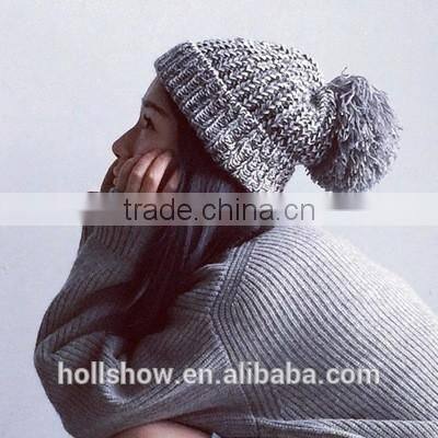 Autumn Winter Popular Colorful Yarn Knitting Large Pom Pom Beanie Hat Women