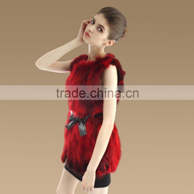 Long style 2015 Winter Elegant red color Lady Real Raccoon Fur Vest with Belt