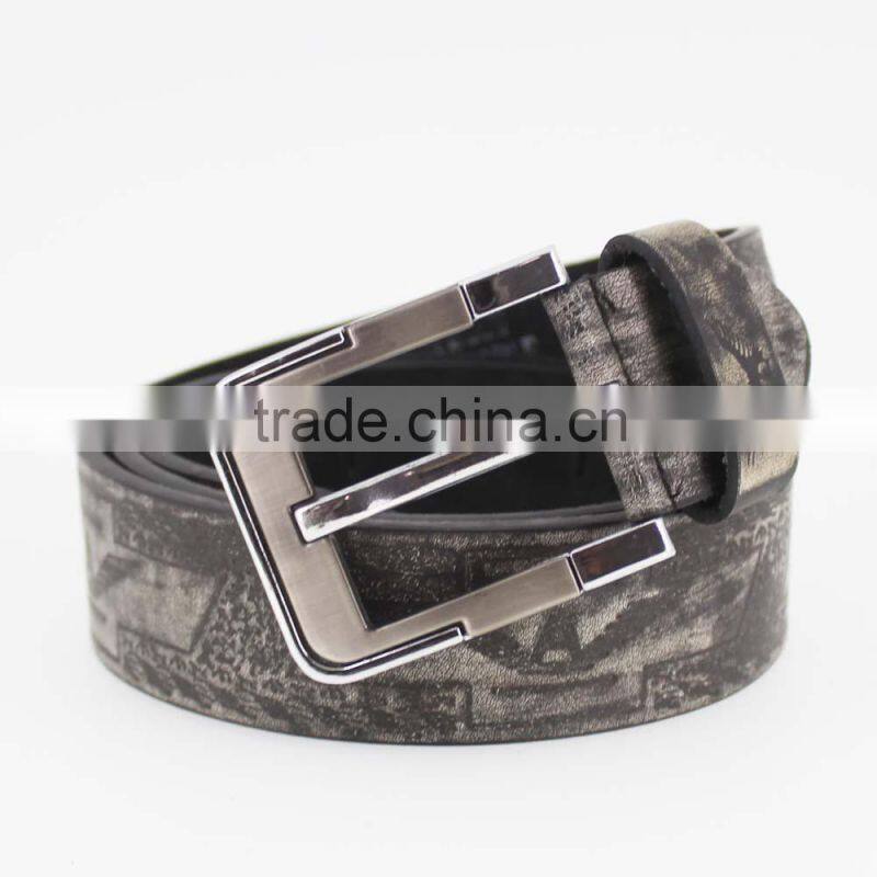 Fashion style black print pu leather belt for man with shiny metal square accessories in YiWu