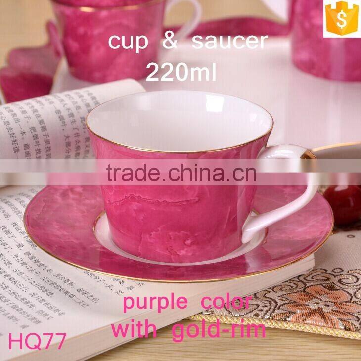unique design with gold-rim bone china cup 220ml purple/fuchsia/green colorful tea cup with saucer