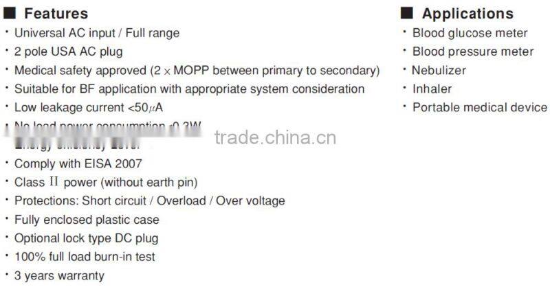 CE approved mean well 6w 9v high reliable medical power adapter with 3 years warranty