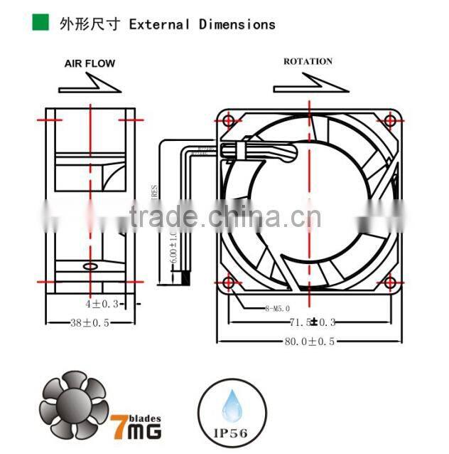china industrial fan 220v 80*80*38mm