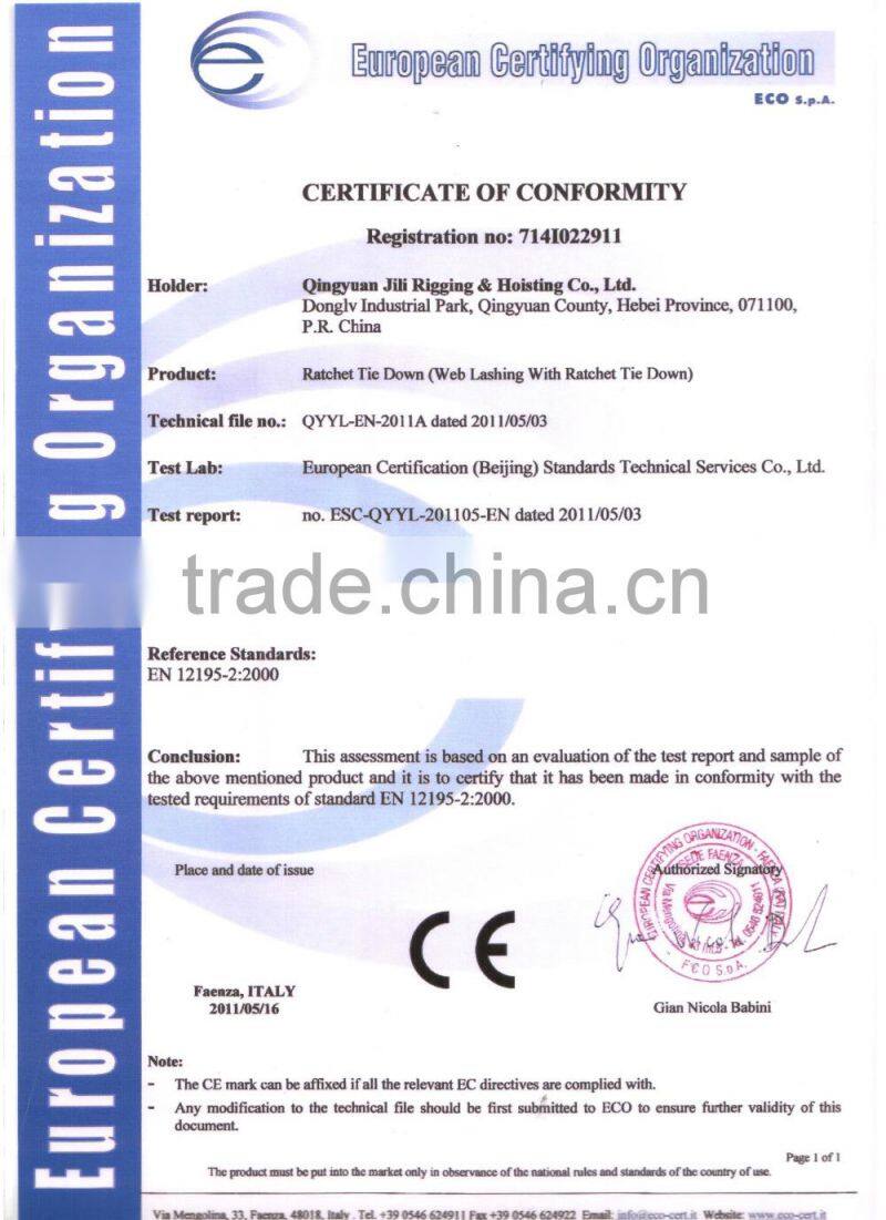 Cargo Lashing Strap/ Ratchet Tie Down Strap quick release buckle truck