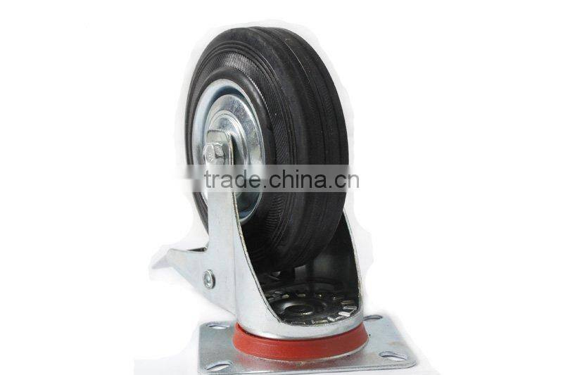 125mm black rubber industrial caster with brake with top plate